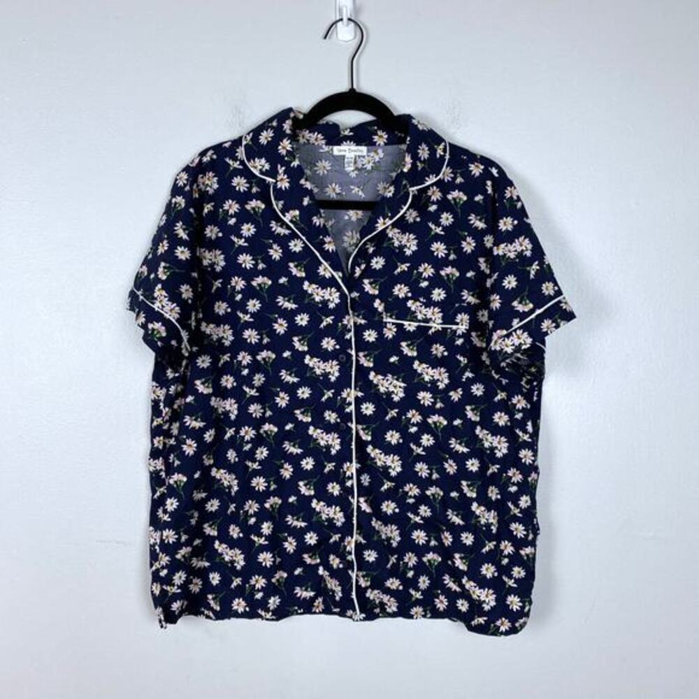 Vera Bradley Short Sleeve Pajama Shirt Floral Navy Button Down Top Cotton Sz XL
